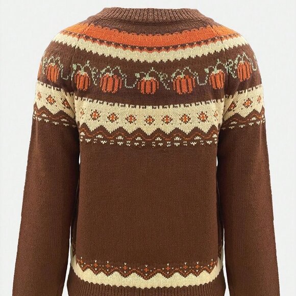 Multicolor Casual Women's Pumpkin print Crew Neck Knit Pullover sweater Top - Picture 3 of 5